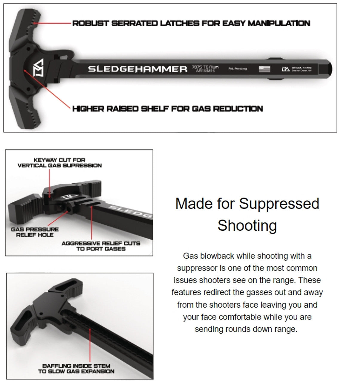 Breek Arms Sledgehammer AR-15 Gas Blocking Charging Handle - Black